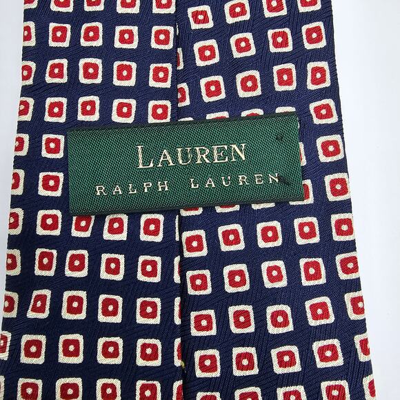 Lauren Ralph Lauren Geometric Navy Blue Red Silk Tie USA Classic Necktie 55.5" - Picture 4 of 6